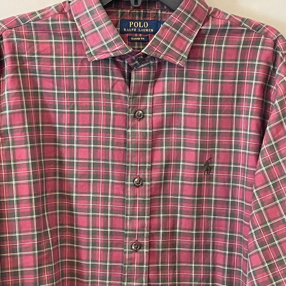 Polo Ralph Lauren Mens Classic Fit Plaid Button Down Shirt Burgundy Green Large